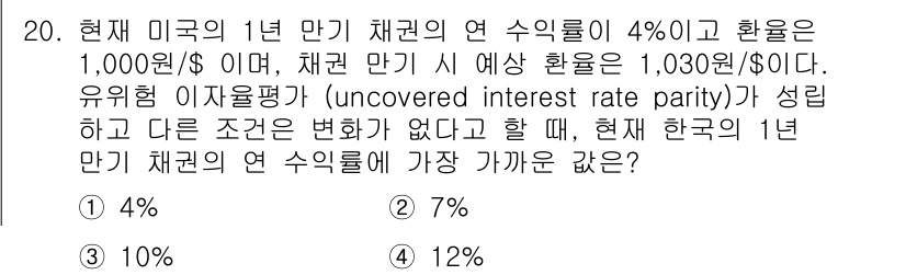 9급_국가직_공무원_경제학개론 2016년 20번 - 유효률 이자평가에 따르면 미국의 1년 만기 채권 연 수익률과 한국의 1년... 에 관한 핵심 기출문제