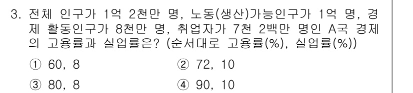 9급_국가직_공무원_경제학개론 2016년 3번 - 전체 인구가 1억 2천만 명이고, 노동생산가능인구가 1억 명일 때, 경제... 에 관한 핵심 기출문제