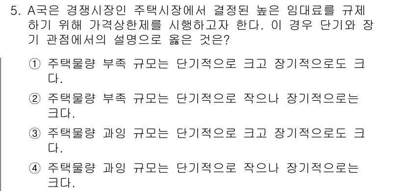 9급_국가직_공무원_경제학개론 2017년 5번 - 주택물량이 부족할 경우 단기적으로는 가격이 상승하여 임대료가 높아지고, ... 에 관한 핵심 기출문제