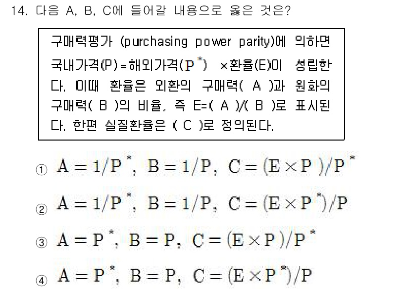 9급_국가직_공무원_경제학개론 2018년 14번 - 구매력 평가(purchasing power parity)에 따르면, 두 ... 에 관한 핵심 기출문제