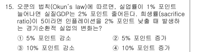 9급_국가직_공무원_경제학개론 2019년 15번 - 오쿤의 법칙에 따르면 실업률이 1% 포인트 증가하면 실질 GDP는 2% ... 에 관한 핵심 기출문제