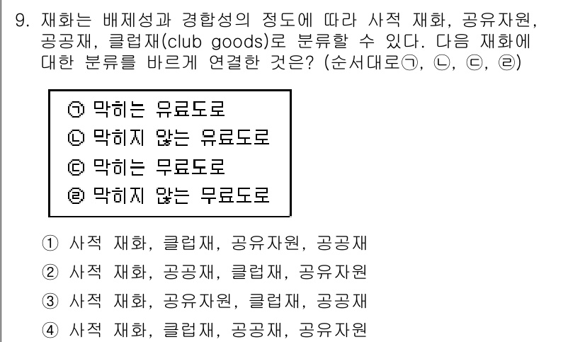 9급_국가직_공무원_경제학개론 2019년 9번 - 재화는 배제성과 경합성에 따라 분류되며, 사적 재화는 배제 가능하고 경합... 에 관한 핵심 기출문제