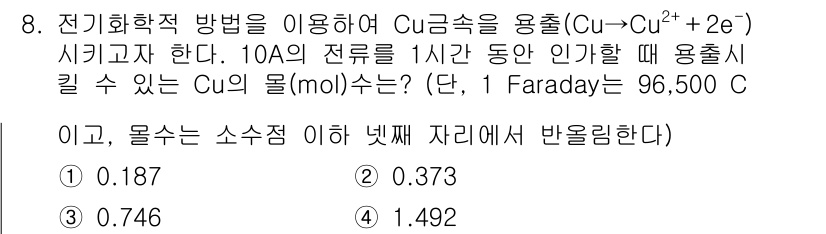 9급_국가직_공무원_공업화학 2015년 8번 - 전류(I)와 시간(t)를 이용해 전기량(Q)을 계산하면, Q = I × ... 에 관한 핵심 기출문제