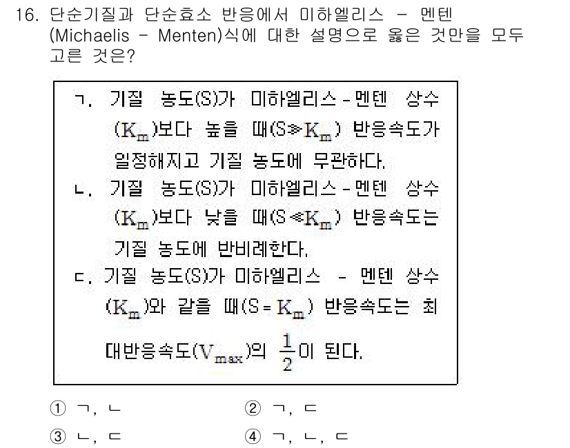9급_국가직_공무원_공업화학 2017년 16번 - 단순기질과 단순효소 반응에서 미하엘리스-멘텐 상수는 기질 농도가 낮을 때... 에 관한 핵심 기출문제