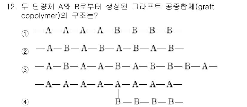 9급_국가직_공무원_공업화학 2019년 12번 - 정답 5번은 두 단량체 A와 B가 가지치기 형태(graft)로 연결되어 ... 에 관한 핵심 기출문제