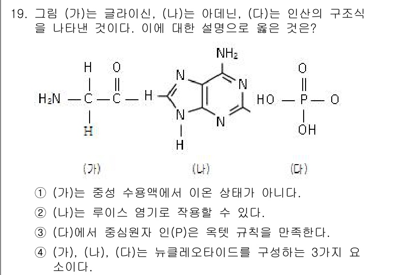 9급_국가직_공무원_과학 2016년 19번 - 주어진 화학구조식에서 (가)는 중성 수용액에서의 상태가 아니며, (나)는... 에 관한 핵심 기출문제