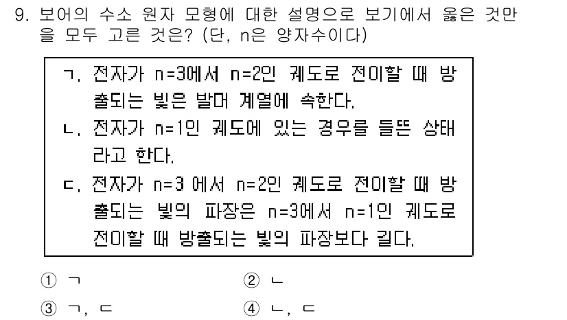 9급_국가직_공무원_과학 2016년 9번 - 정답 2번은 전자가 n=3에서 n=2로 이동할 때 방출되는 빛의 파장이 ... 에 관한 핵심 기출문제