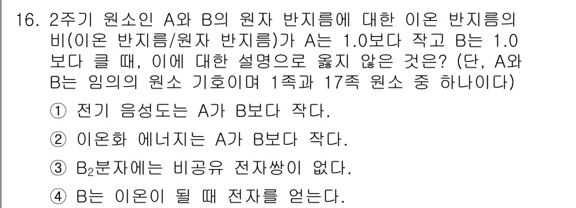 9급_국가직_공무원_과학 2018년 16번 - (B는 이인이 될 전자를 얻는다.)

이유: 원자 B는 원자 A보다 큰 ... 에 관한 핵심 기출문제