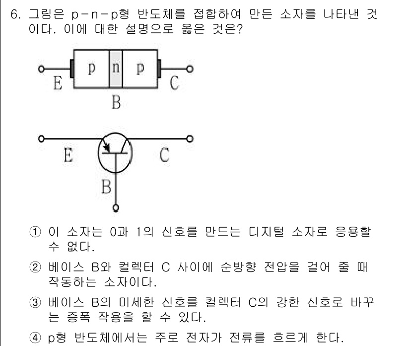 9급_국가직_공무원_과학 2019년 6번 - p-n-p형 트랜지스터에서 B 전극은 P형과 N형 반도체 사이의 전기적 ... 에 관한 핵심 기출문제