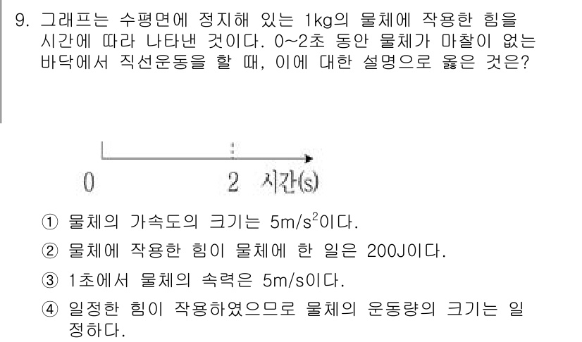9급_국가직_공무원_과학 2019년 9번 - 문제에서 주어진 내용에 따르면, 물체는 1kg의 질량을 가지며, 가속도는... 에 관한 핵심 기출문제