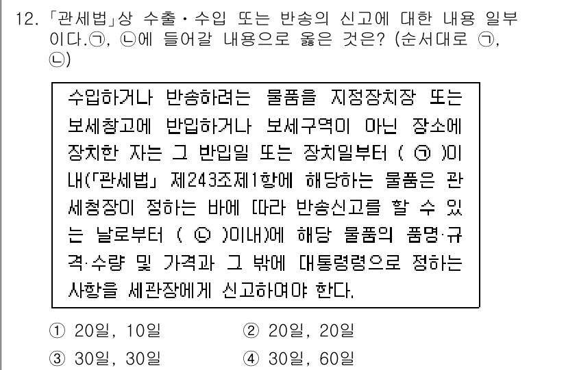 9급_국가직_공무원_관세법개론 2019년 12번 - 관세법에 따르면 수입품의 신고를 하는 장소는 물품이 반송되는 경우 해당 ... 에 관한 핵심 기출문제