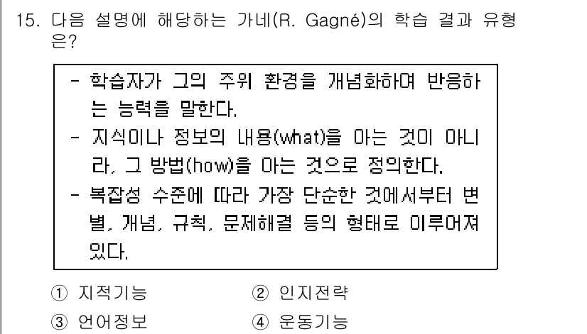 9급_국가직_공무원_교육학개론 2018년 15번 - . 

가네의 학습 결과 유형 중 먼저 '지식'과 '기능'이 포함되며, ... 에 관한 핵심 기출문제