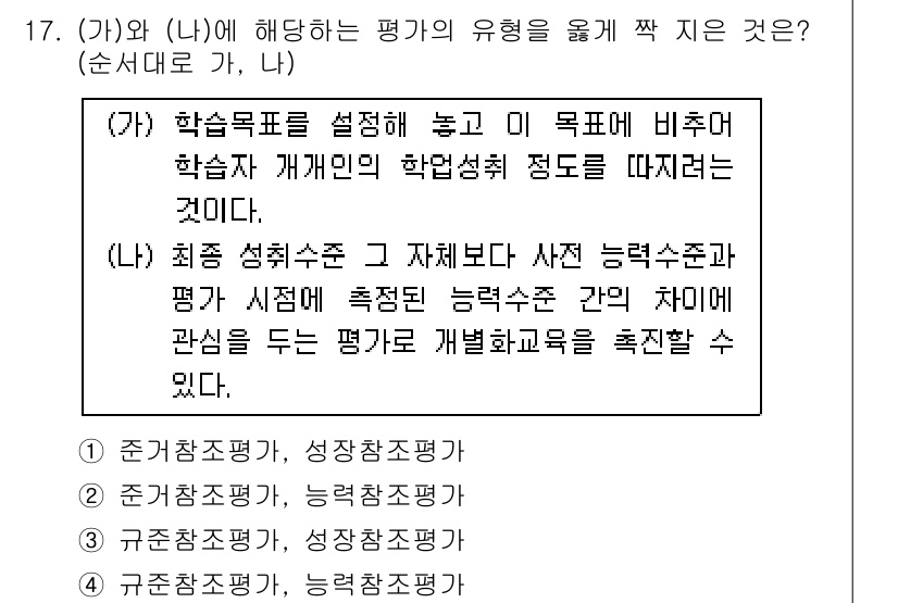 9급_국가직_공무원_교육학개론 2019년 17번 - 평가의 유형은 학습자의 학습목표 설정과 그 목표에 대한 성취도를 반영해야... 에 관한 핵심 기출문제