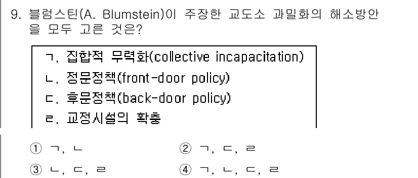 9급_국가직_공무원_교정학개론 2016년 9번 - 블룸스타인은 교도소 과밀화 문제를 해결하기 위해 후원정책(back-doo... 에 관한 핵심 기출문제