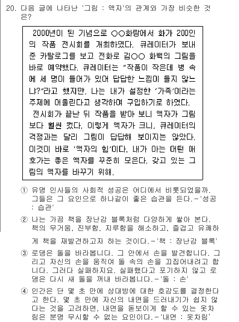 9급_국가직_공무원_국어 2015년 20번 - 이 글에서 '그림'은 역사적 관계와 비슷한 점을 통해 과거와 현재를 연결... 에 관한 핵심 기출문제