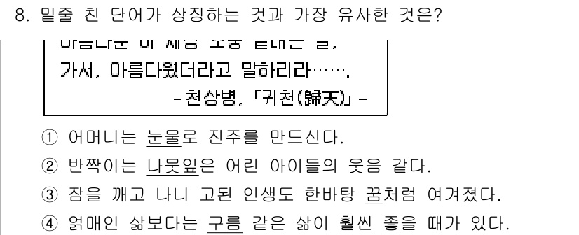 9급_국가직_공무원_국어 2016년 8번 - 정답 3번은 '가장 유시한 것'에 대한 설명으로, '반짝이는 나뭇잎은 어... 에 관한 핵심 기출문제
