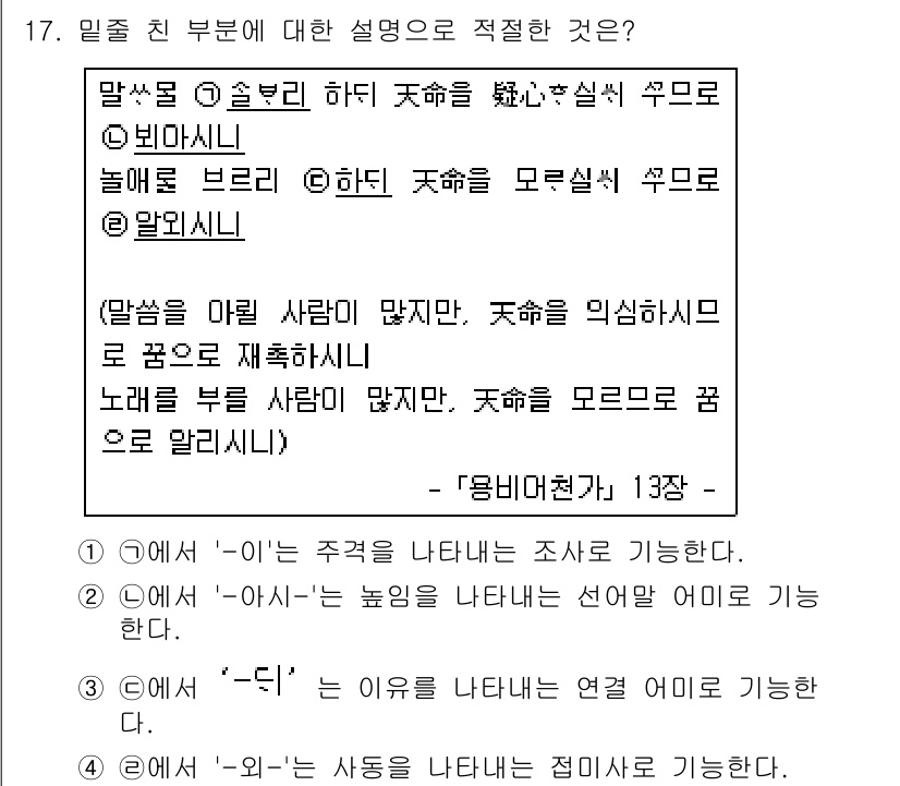 9급_국가직_공무원_국어 2018년 17번 - 정답 5번은 '알리시니'가 주어인 문장으로 '누가 무엇을 알리다'라는 구... 에 관한 핵심 기출문제
