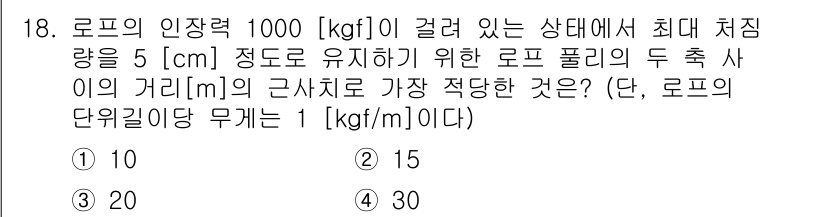 9급_국가직_공무원_기계설계 2015년 19번 - 주어진 조건에서 로프의 인장력을 고려할 때, 최대 허용 중량과 로프의 거... 에 관한 핵심 기출문제