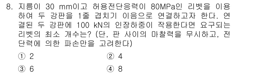 9급_국가직_공무원_기계설계 2016년 8번 - 주어진 문제에서 두 강판이 연결되는 부분의 최소 개수는 하중과 설계 기준... 에 관한 핵심 기출문제