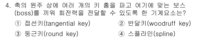 9급_국가직_공무원_기계설계 2017년 4번 - 정답은 4번 스플라인(spline)입니다. 스플라인은 축의 원주에 여러 ... 에 관한 핵심 기출문제