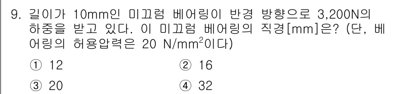 9급_국가직_공무원_기계설계 2017년 9번 - 미끄럼 베어링에 작용하는 힘과 허용 응력을 이용해 직경을 구할 수 있습니... 에 관한 핵심 기출문제