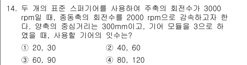 9급_국가직_공무원_기계설계 2019년 14번 - 주어진 회전 속도를 고려할 때, 동력 전달의 비율을 통해 기어 비를 계산... 에 관한 핵심 기출문제