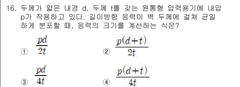 9급_국가직_공무원_기계설계 2019년 16번 - 문제는 압력 용기 내부에서 길이 방향의 응력을 구하는 것이다. 두께와 압... 에 관한 핵심 기출문제