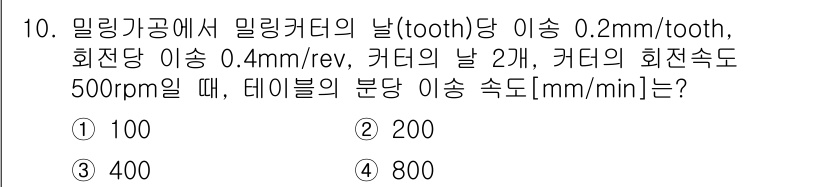 9급_국가직_공무원_기계일반 2015년 10번 - 밀링 공정에서 이송 속도는 다음과 같은 공식으로 계산할 수 있습니다. 
... 에 관한 핵심 기출문제