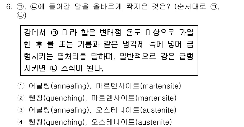 9급_국가직_공무원_기계일반 2015년 6번 - 마르텐사이트(martensite)는 급랭팅(quenching) 과정에서 ... 에 관한 핵심 기출문제