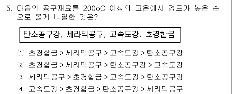 9급_국가직_공무원_기계일반 2016년 5번 - 탄소공강은 세리믹공강, 고속도강보다 경도가 높고, 초합금은 일반적으로 고... 에 관한 핵심 기출문제
