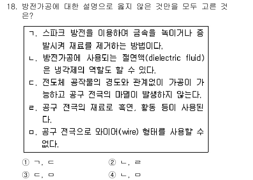 9급_국가직_공무원_기계일반 2017년 18번 - 전도체 공작물의 경도가 관계없이 가공이 가능하다는 설명은 사실이 아니다.... 에 관한 핵심 기출문제