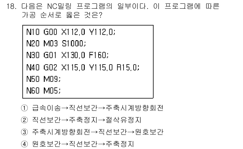 9급_국가직_공무원_기계일반 2018년 18번 - 프로그램에서 G00(빠른 이동) 다음에 G01(직선 보간)이 나타나지 않... 에 관한 핵심 기출문제