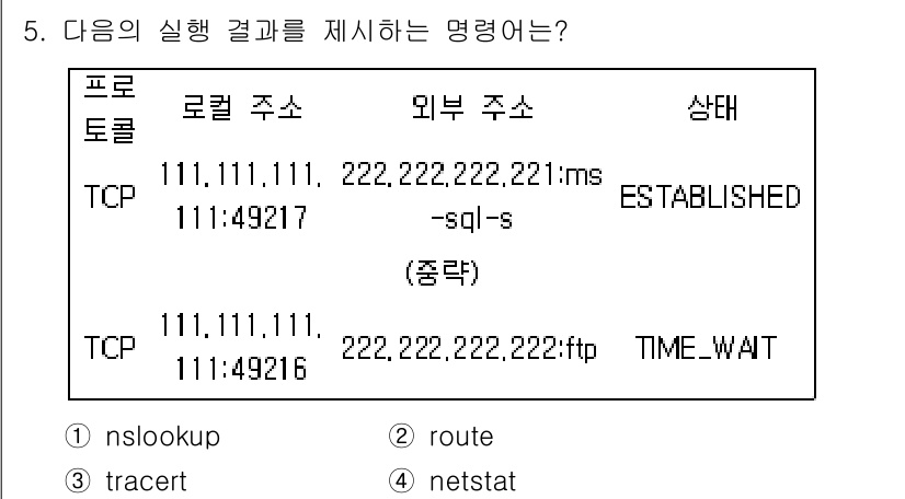 9급_국가직_공무원_네트워크보안 2016년 5번 - 주어진 실행 결과는 `netstat` 명령어의 출력으로, 네트워크 연결 ... 에 관한 핵심 기출문제