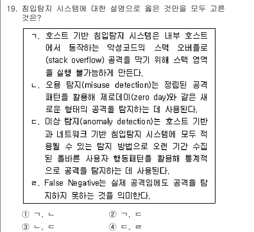 9급_국가직_공무원_네트워크보안 2018년 19번 - 정답 4번은 호스트 기반 침입 탐지 시스템(Host-based Intru... 에 관한 핵심 기출문제