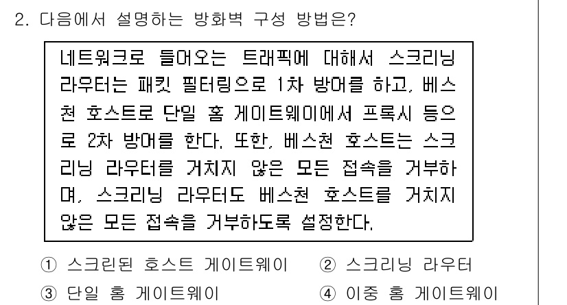 9급_국가직_공무원_네트워크보안 2018년 2번 - 스크리닝 호스트 게이트웨이는 네트워크에서 트래픽을 필터링하여 악의적인 접... 에 관한 핵심 기출문제