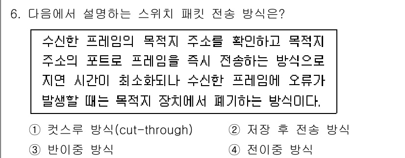 9급_국가직_공무원_네트워크보안 2018년 6번 - 정답 3번인 “반이중 방식”은 스위치 패킷 전송 시 수신한 프레임의 목적... 에 관한 핵심 기출문제