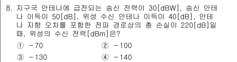 9급_국가직_공무원_무선공학개론 2016년 8번 - 문제를 해결하기 위해 송신 전력을 dBm 단위로 변환하고, 각 요소의 손... 에 관한 핵심 기출문제