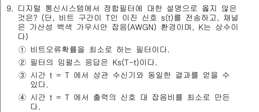 9급_국가직_공무원_무선공학개론 2016년 9번 - 디지털 통신 시스템에서 비트 오류율을 최소화하려면 필터의 임펄스 응답이 ... 에 관한 핵심 기출문제