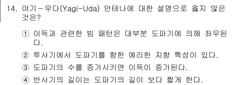 9급_국가직_공무원_무선공학개론 2018년 14번 - 야기-우다 안테나에 대한 설명 중, "반사기 길이는 도파기의 길이보다 짧... 에 관한 핵심 기출문제