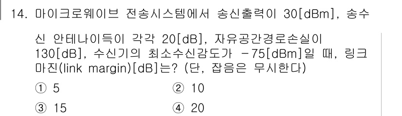 9급_국가직_공무원_무선공학개론 2019년 14번 - 링크 마진(Link margin)은 송신 출력, 안테나 이득, 자유 공간... 에 관한 핵심 기출문제