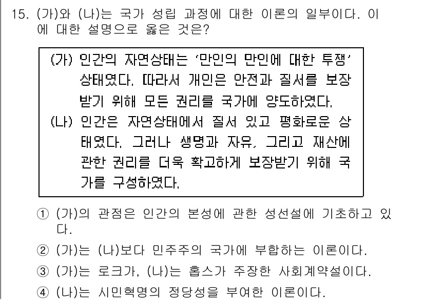 9급_국가직_공무원_사회복지학개론 2015년 15번 - 자연상태 이론에서는 개인의 기본 권리와 자유를 국가가 보장해야 한다고 강... 에 관한 핵심 기출문제