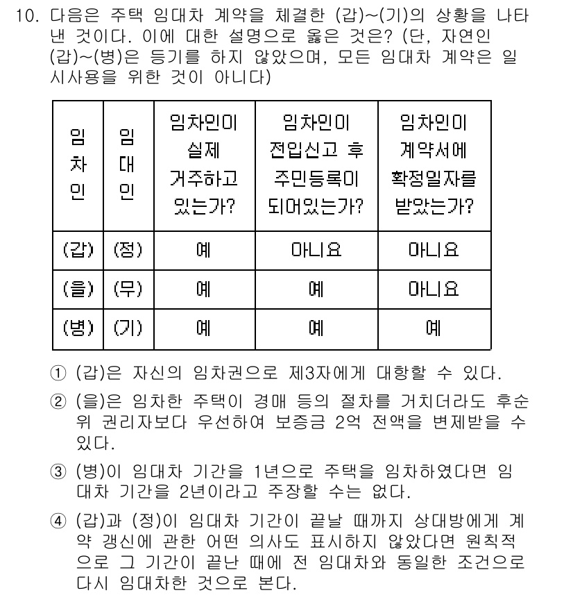9급_국가직_공무원_사회 2019년 10번 - 임차인(갑)이 계약을 체결한 경우, 임차인과 임대인(을) 간의 법적 관계... 에 관한 핵심 기출문제