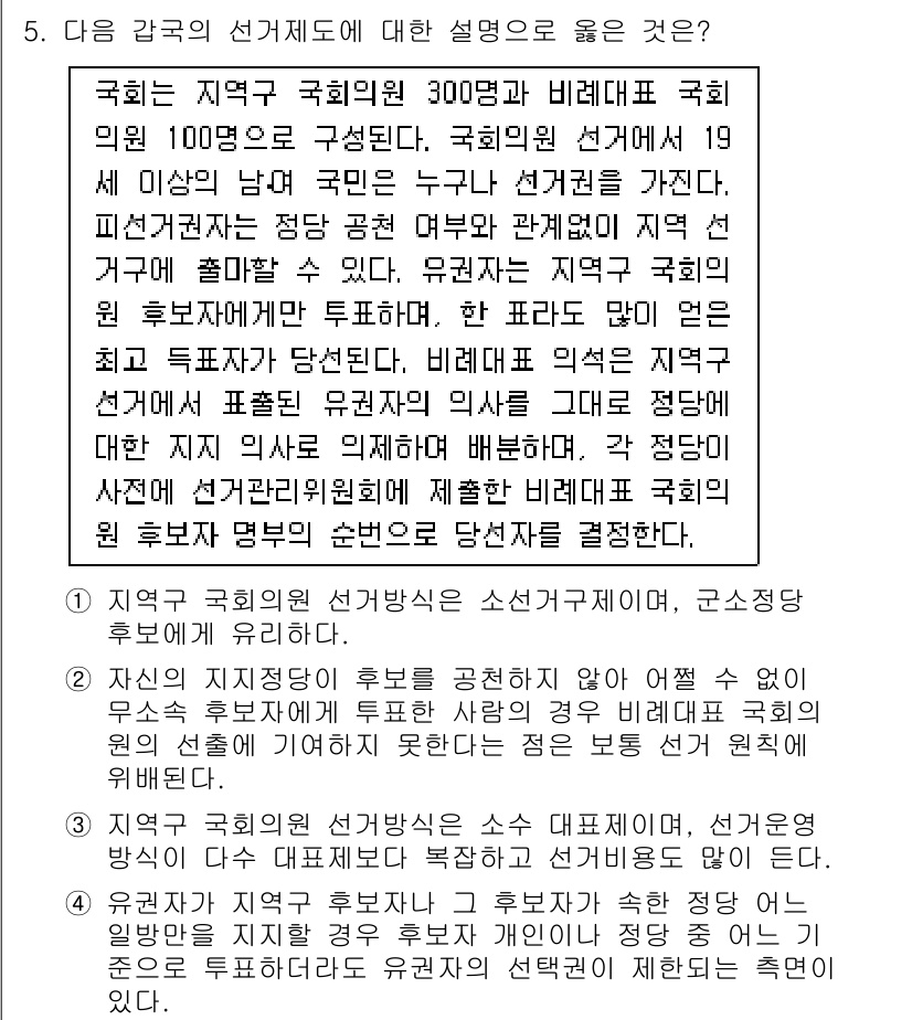 9급_국가직_공무원_사회 2019년 5번 - 지역구 국회의원과 비례대표 국회의원이 적절히 구성되어 지역 대표성과 비례... 에 관한 핵심 기출문제