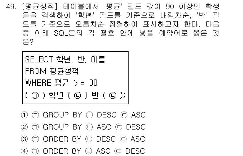 컴퓨터활용능력_1급 2019년 49번 - 정답이 2번인 이유는, SQL 쿼리에서 `GROUP BY` 절이 필요하며... 에 관한 핵심 기출문제