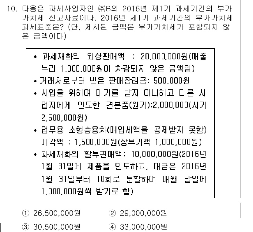 9급_국가직_공무원_세법개론 2017년 10번 - 문제에서 제시된 과세표준의 계산에는 매출액과 필요경비가 포함되어 있습니다... 에 관한 핵심 기출문제