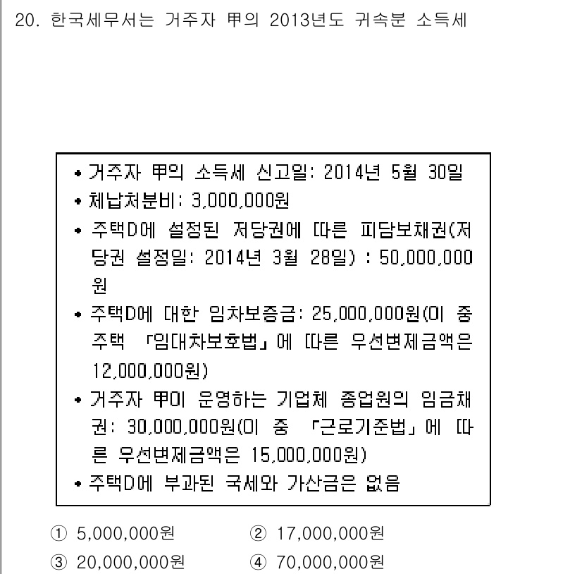 9급_국가직_공무원_세법개론 2017년 19번 - 주택자산의 자산세 연금세 공제 한도 내에서 과세 표준을 계산할 때, 주택... 에 관한 핵심 기출문제