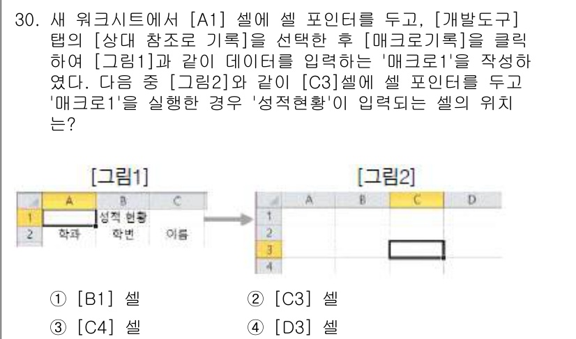 컴퓨터활용능력_2급 2019년 30번 - 문제에서 제시된 '매크로' 기능을 활용하여 특정 셀 포인터를 지정하는 과... 에 관한 핵심 기출문제
