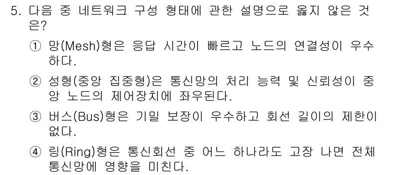 컴퓨터활용능력_2급 2019년 5번 - 버스(Bus)형 네트워크는 기별 보장이 없고 회선 길이에 제한이 있어, ... 에 관한 핵심 기출문제