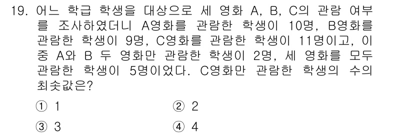 9급_국가직_공무원_수학 2016년 19번 - 주어진 조건을 바탕으로 학생들의 수를 세워보면, A, B, C 세 영화에... 에 관한 핵심 기출문제