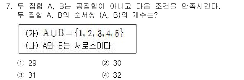 9급_국가직_공무원_수학 2016년 7번 - 주어진 두 집합 A와 B의 원소의 개수를 이용하여 합집합의 원소 개수를 ... 에 관한 핵심 기출문제